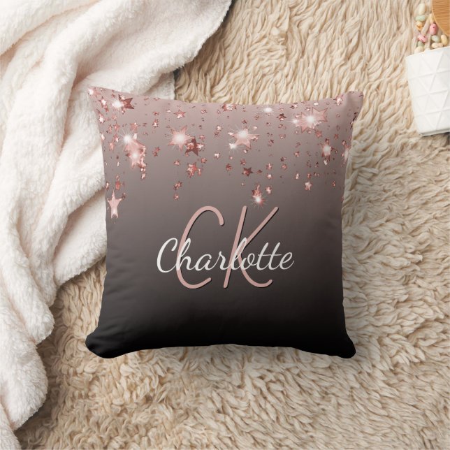 Rose gold black glitter stars custom monogram name throw pillow (Blanket)