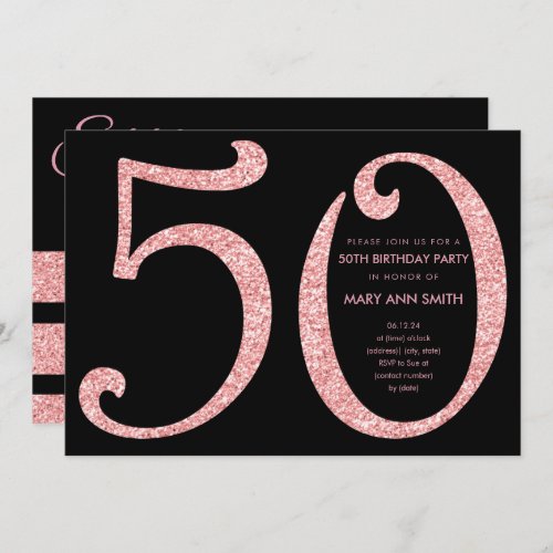 Rose Gold Black Glitter Surprise 50th Birthday Invitation