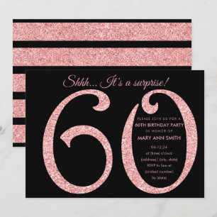 Rose Gold Black Glitter Surprise 60th Birthday Invitation