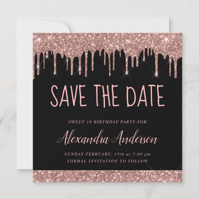 Rose Gold Black Glitter Sweet 16 Save the Date Invitation (Front)