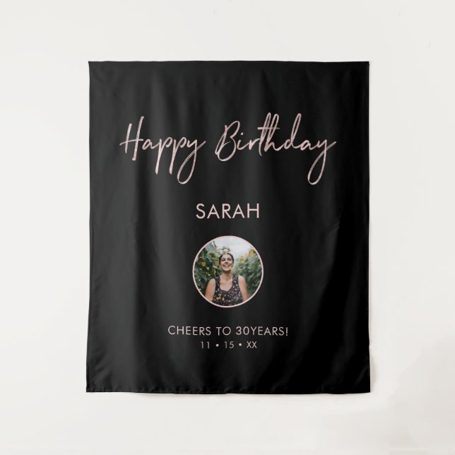 Rose gold & Black Happy Birthday Photo Backdrop (Front)