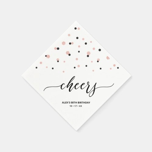 Rose gold  Black Hexagon Confetti Cheers Birthday Napkins