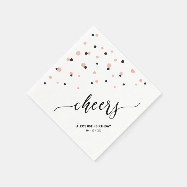 Rose gold & Black Hexagon Confetti Cheers Birthday Napkins (Corner)