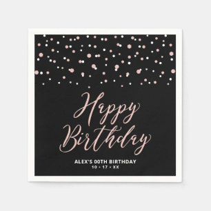 Rose gold Black Hexagon Confetti Happy Birthday Na Napkins