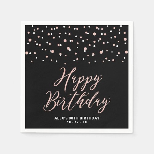 Rose gold Black Hexagon Confetti Happy Birthday Na Napkins