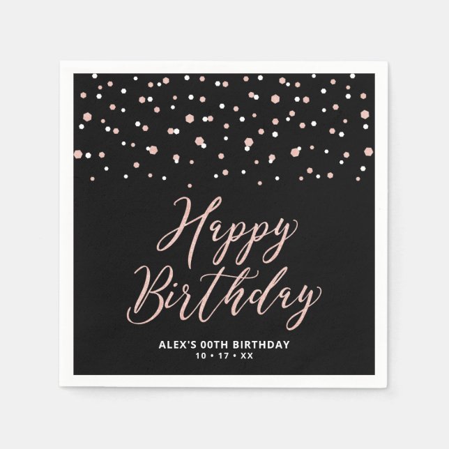 Rose gold Black Hexagon Confetti Happy Birthday Na Napkins (Front)