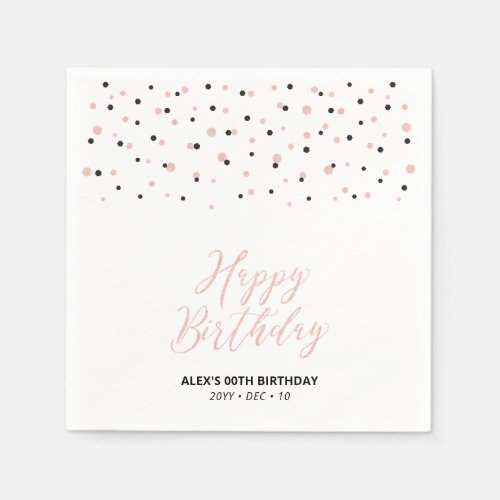 Rose gold Black Hexagon Confetti Happy Birthday Napkins