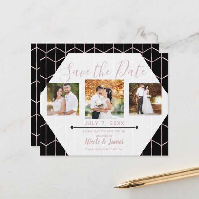 Rose Gold Black Hexagon Geometric Save the Date (Front/Back In Situ)