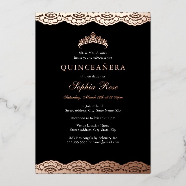 Rose Gold Black Lace Tiara Quinceanera Foil Foil Invitation (Front)