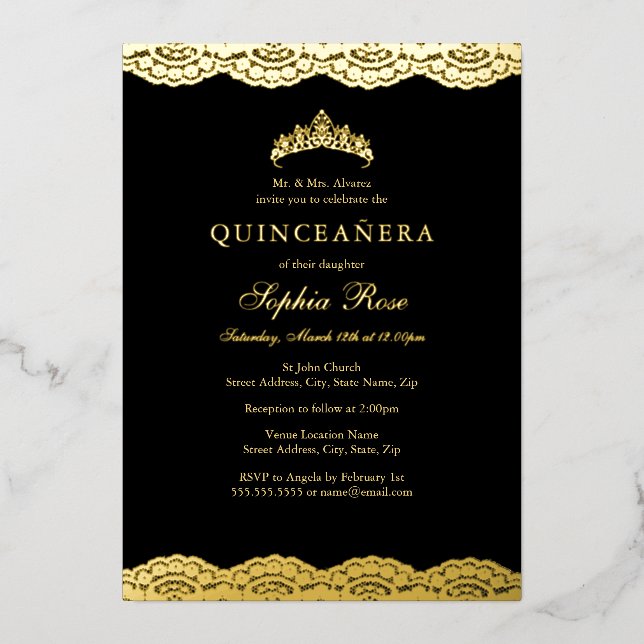 Rose Gold Black Lace Tiara Quinceanera Foil Foil Invitation (Front)