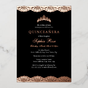 Rose Gold Black Lace Tiara Quinceanera Foil Invitation