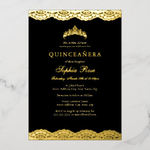 Rose Gold Black Lace Tiara Quinceanera Foil Invitation
