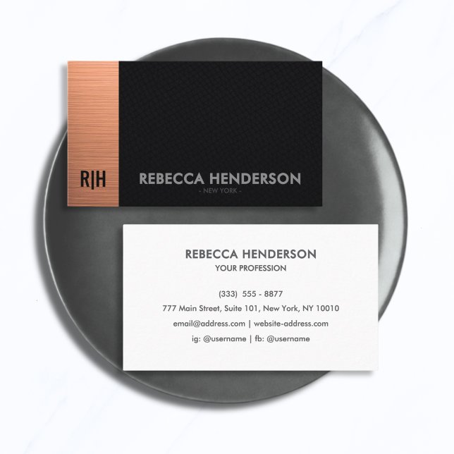 Rose Gold Black Leather with White Back Monogram  Business Card (Creator Uploaded)