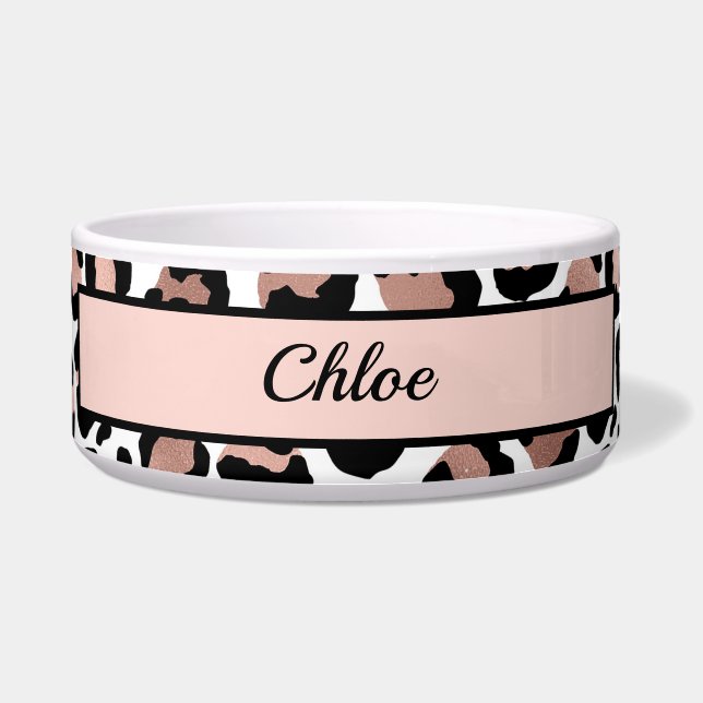 Rose Gold Black Leopard print cheetah Dog cat Bowl (Front)