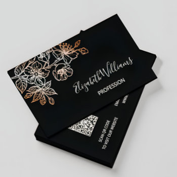Rose Gold Black Line Art Floral  | Qr Code Business Card by NinaBaydur at Zazzle