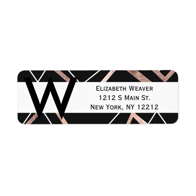 Rose Gold Black Linear Triangle Abstract Pattern Label (Front)