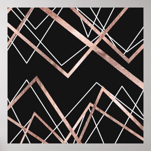 Rose Gold Black Linear Triangle Abstract Pattern Poster