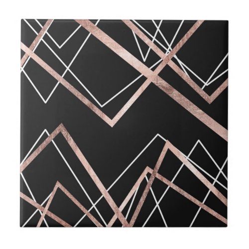 Rose Gold Black Linear Triangle Abstract Pattern Tile