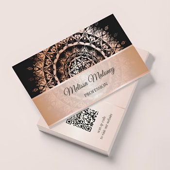 Rose Gold Black Mandala Qr Code Business Card by NinaBaydur at Zazzle