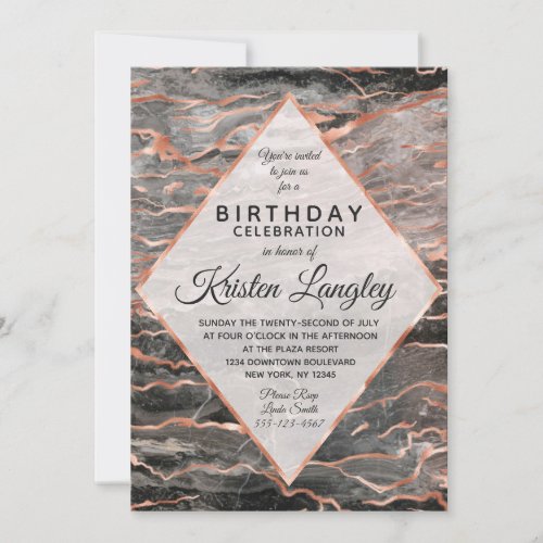 Rose Gold  Black Marble Birthday Party Invitation