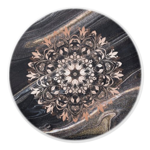 Rose Gold Black Marble Floral Mandala  Ceramic Knob