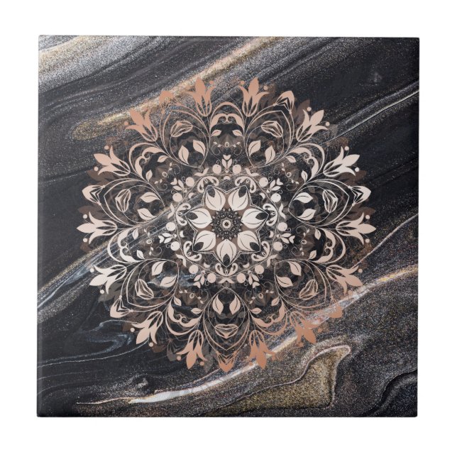 Rose Gold Black Marble Floral Mandala  Ceramic Tile (Front)