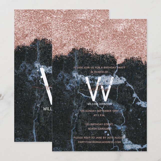 Rose Gold Black Marble Glitter Any Year Birthday Invitation (Front/Back)