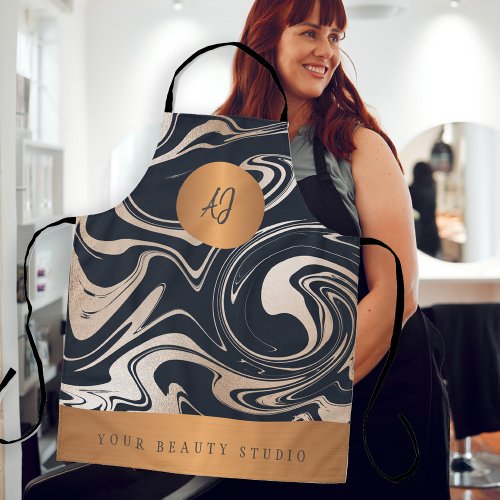 Rose gold black marble pattern salon name monogram apron