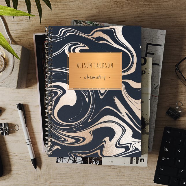 Rose gold black marble with copper label school notebook (Creator Uploaded)
