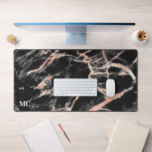 Rose Gold & Black Marble With Monogram Desk Mat