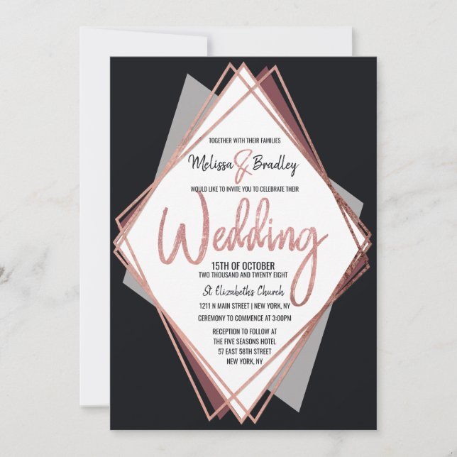 Rose Gold Black Mauve Gray Geometric Wedding Invitation (Front)