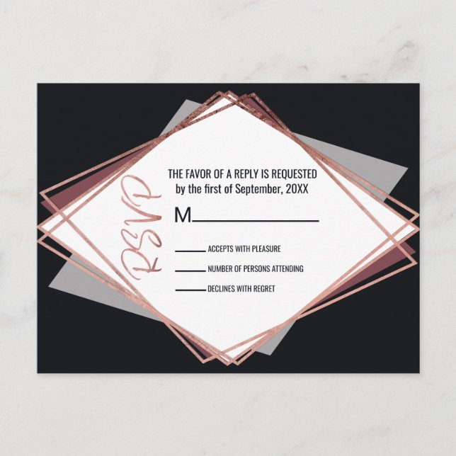 Rose Gold Black Mauve Gray Geometric Wedding RSVP Invitation Postcard (Front)