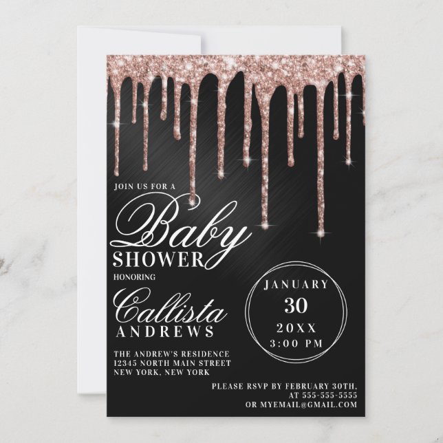 Rose Gold Black Metallic Glitter Drips Baby Shower Invitation (Front)