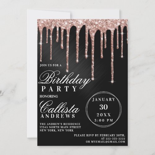 Rose Gold Black Metallic Glitter Drips Birthday Invitation