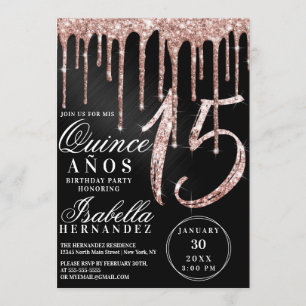 Rose Gold Black Metallic Glitter Drips Quinceañera Invitation