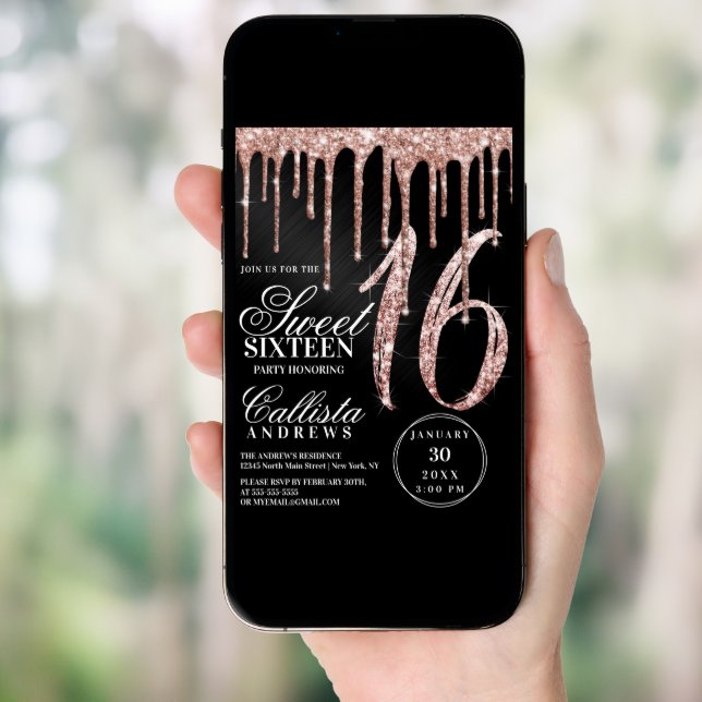 Rose Gold Black Metallic Glitter Drips Sweet 16 Invitation (Front Digital)