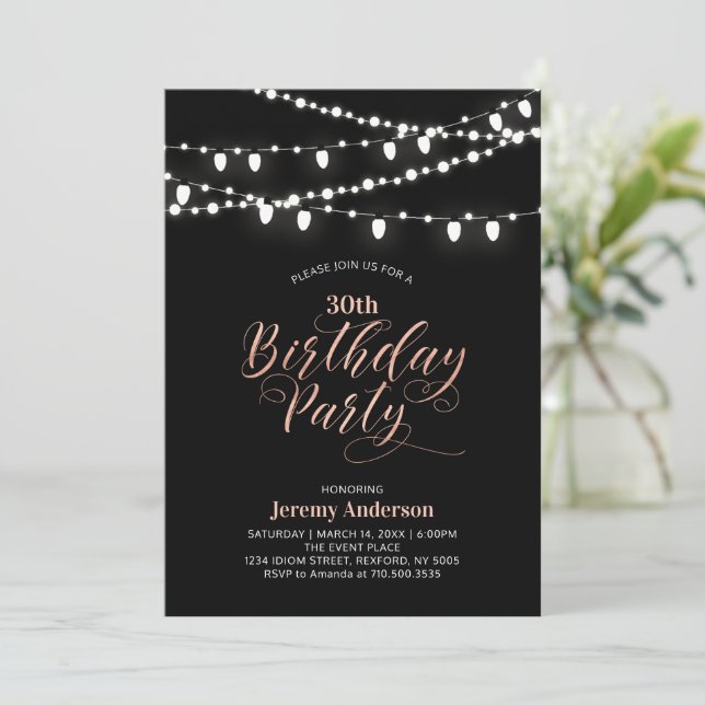 Rose gold & Black Modern 60th Adult Birthday Party Invitation (Standing Front)
