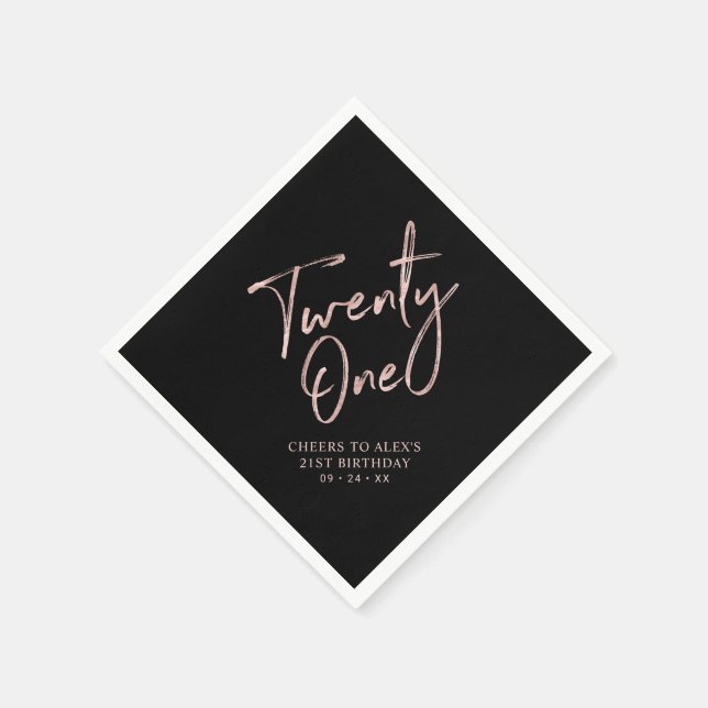 Rose Gold & Black Modern Adult 21st Birthday Party Napkins (Corner)