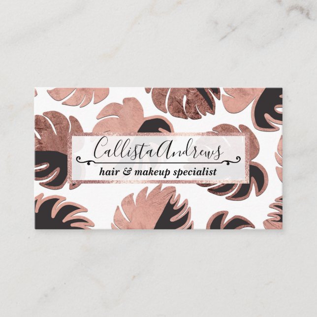 Rose Gold Black Modern Swiss Cheese Monstera Business Card (Front)