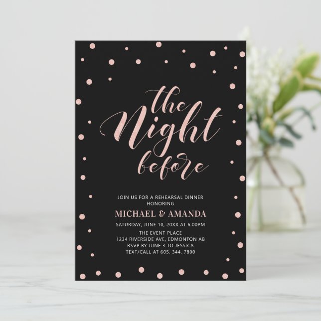 Rose Gold Black Modern Typography Rehearsal Dinner Invitation (Standing Front)