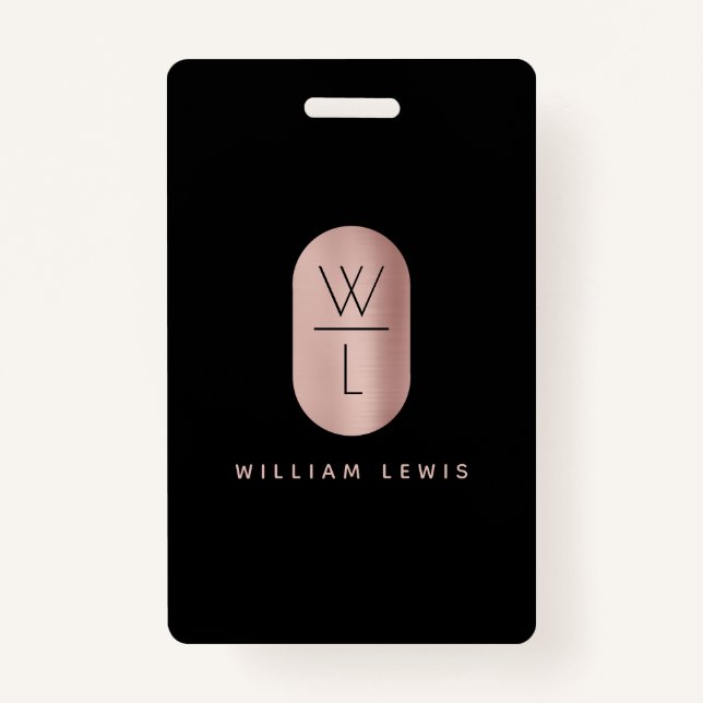 Rose Gold & Black Monogram Modern Minimalist  Badge (Front)