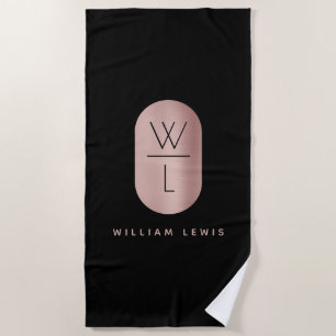Rose Gold & Black Monogram Modern Minimalist Beach Towel
