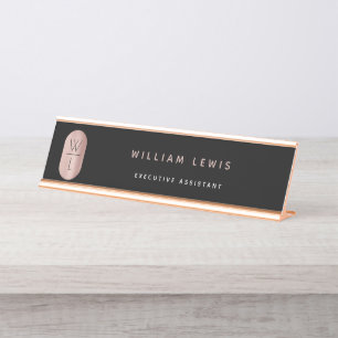 Rose Gold & Black Monogram Modern Minimalist Desk Name Plate