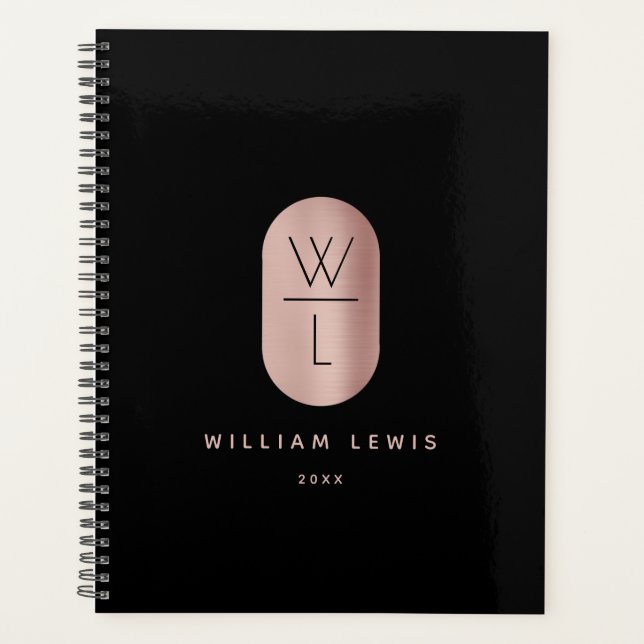 Rose Gold & Black Monogram Modern Minimalist  Planner (Front)