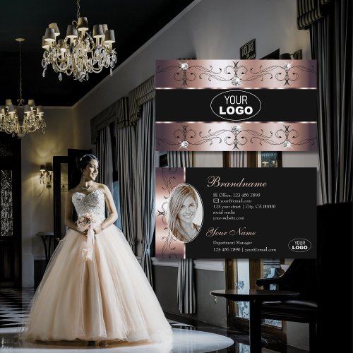 Rose Gold Black Ornate Glam Borders Logo and Photo Business Card