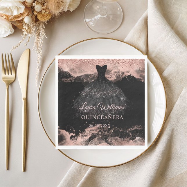 Rose Gold & Black Princess Quinceañera  Napkins (Rose Gold Princess Quinceañera Birthday Napkins)