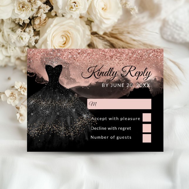 Rose Gold & Black Princess Quinceañera RSVP Card (Rose Gold and Black Princess Quinceañera RSVP Cards)