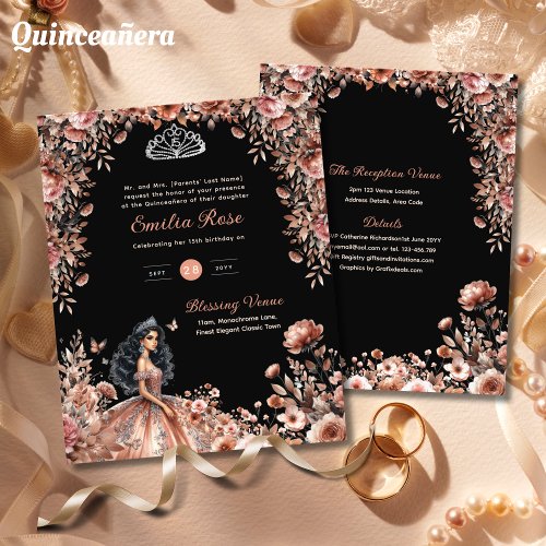 Rose Gold Black Quinceanera Dress Floral Roses