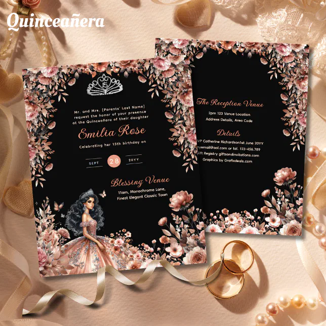 Rose Gold Black Quinceanera Dress Floral Roses | Zazzle
