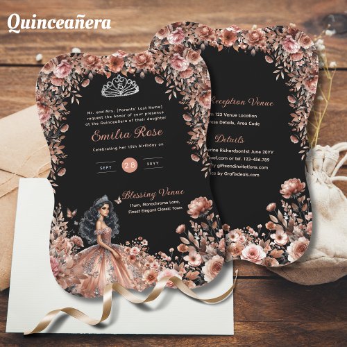 Rose Gold Black Quinceanera Dress Floral Roses Invitation